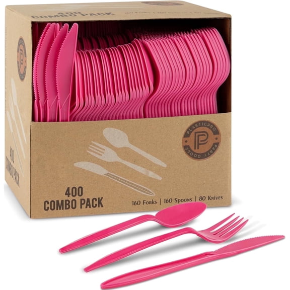 PLASTICPRO Plastic Silverware Kitchen Utensil Set Disposable Plastic Forks, Spoons and Knives, 400 Pack
