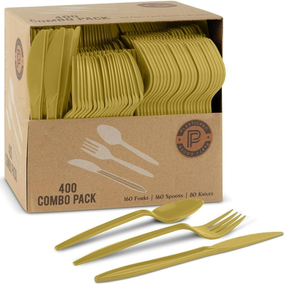 PLASTICPRO Plastic Silverware Kitchen Utensil Set Disposable Plastic Forks, Spoons and Knives, 400 Pack