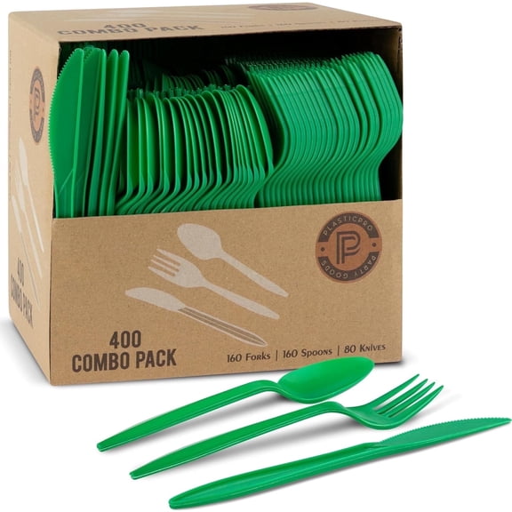 PLASTICPRO Plastic Silverware Kitchen Utensil Set Disposable Plastic Forks, Spoons and Knives, 400 Pack