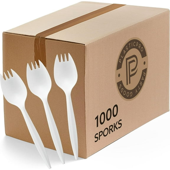 PLASTICPRO Plastic Sporks Disposable Silverware Medium Weight Cutlery, White 1000-Pack