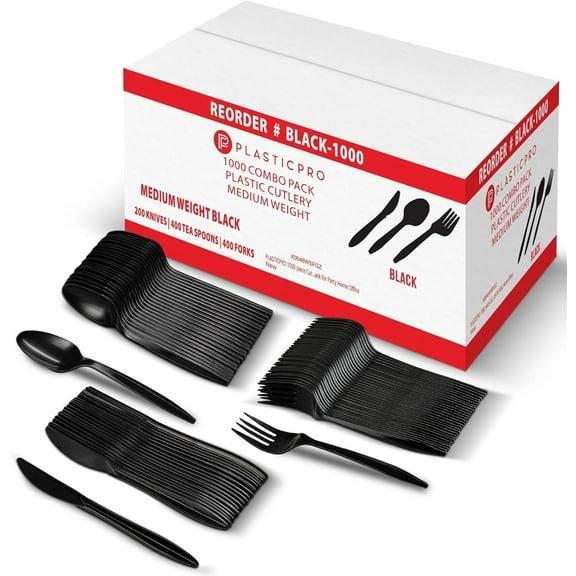 PLASTICPRO Plastic Utensils Set Disposable Forks, Spoons and Knives Cutlery, Black, 1000-Pack