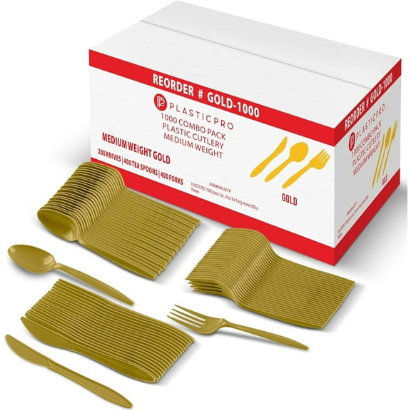 PLASTICPRO Plastic Utensils Set Disposable Forks, Spoons and Knives Cutlery, Gold, 1000-Pack