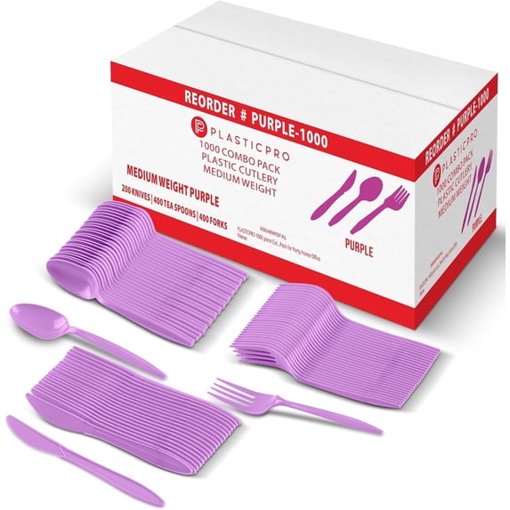 PLASTICPRO Plastic Utensils Set Disposable Forks, Spoons and Knives Cutlery, Purple, 1000-Pack