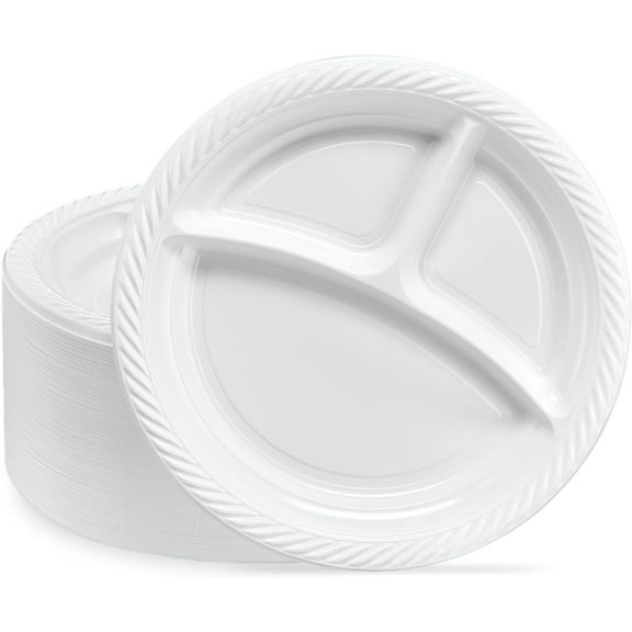 PLASTICPRO Round Disposable Plastic Plates with 3 Compartments Heavy Duty Divided Plate, 9”, Pack of 200
