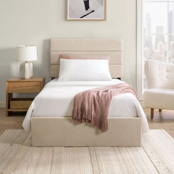 Mainstays Twin Upholstered Storage Platform Bed Frame with 4 Drawers and Adjustable Headboard, Beige