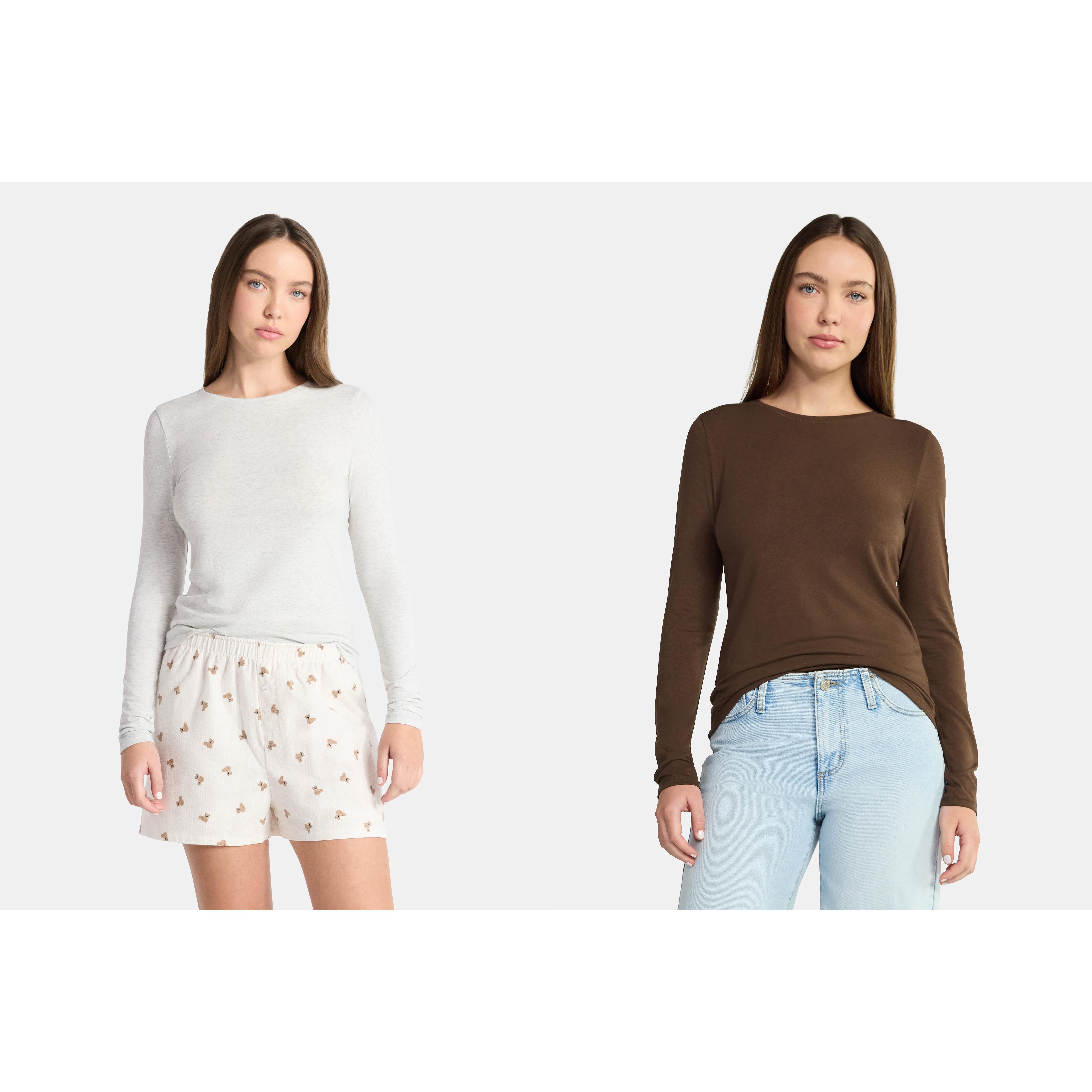 No Boundaries Crewneck Tee with Long Sleeves, Women's XXS-XXL