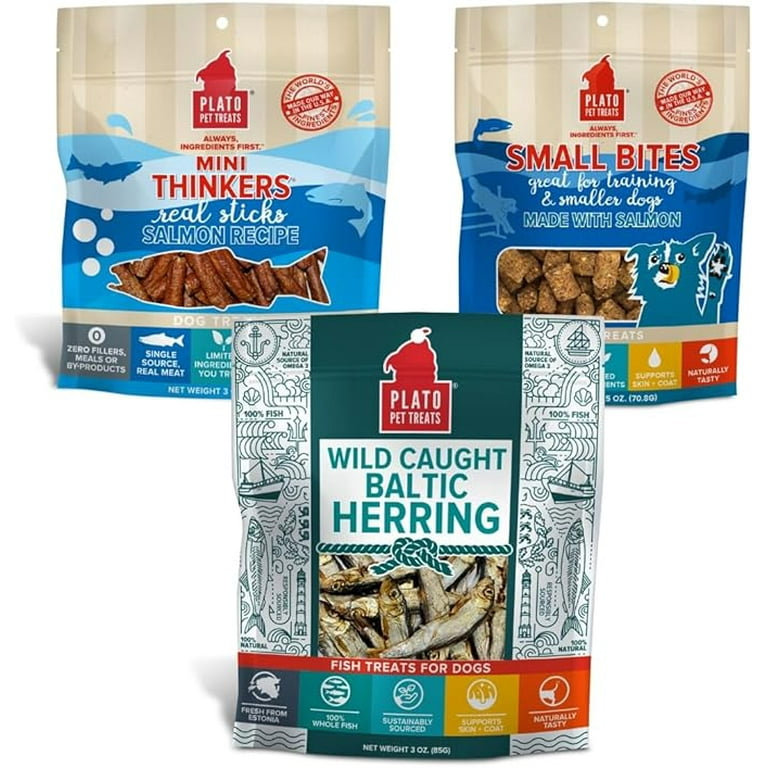 PLATO Fish Dog Treats Variety Pack 1 Small Bites Salmon 2.5oz 1 Mini Thinkers Salmon 3oz 1 Baltic Herring 3oz Walmart