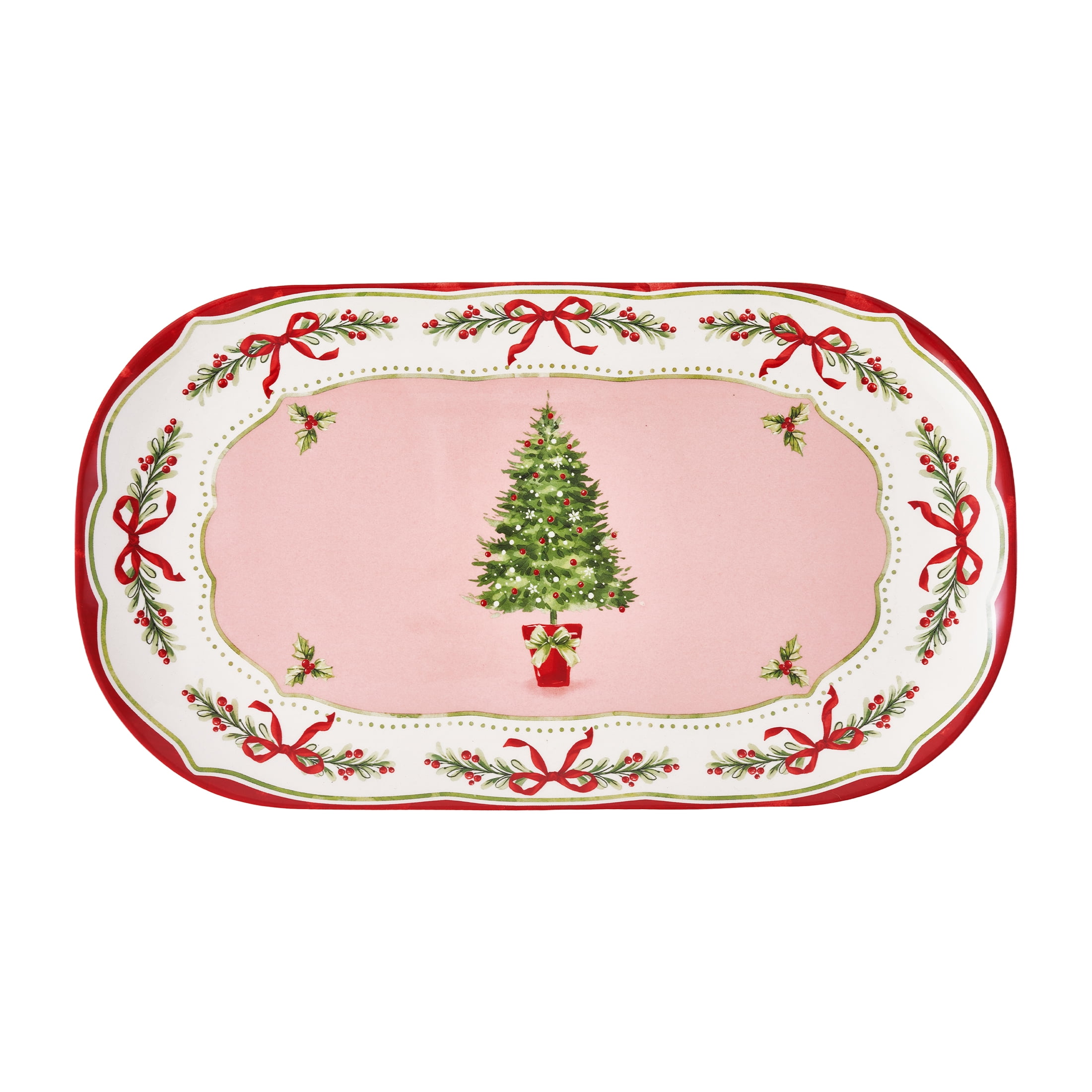 Holiday Time Ceramics Pink/Red Christmas Tree Platter