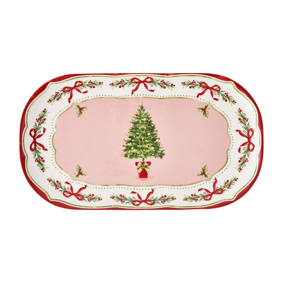 Holiday Time Ceramics Pink/Red Christmas Tree Platter