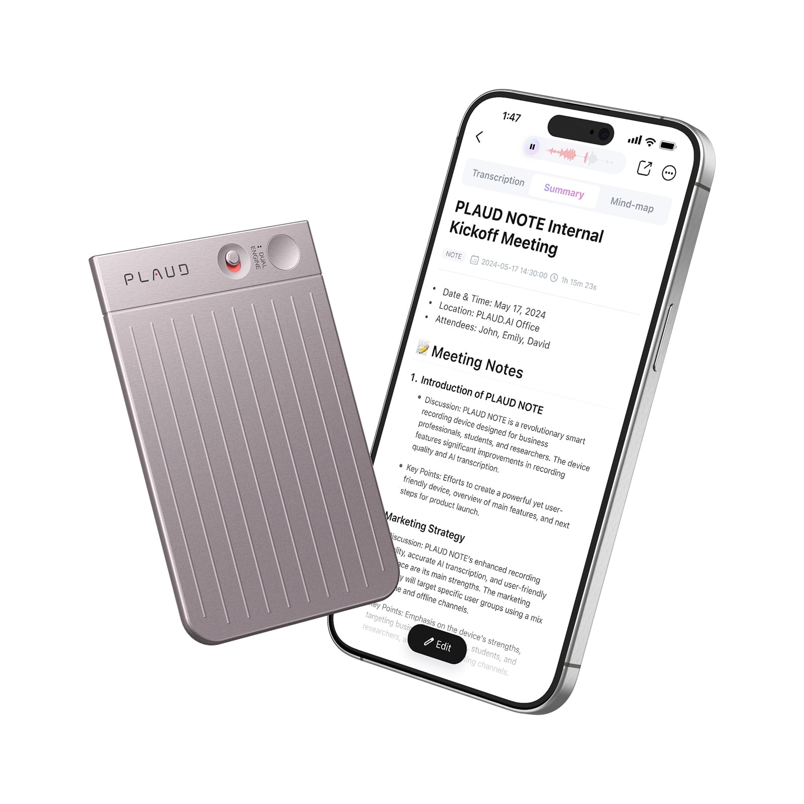 PLAUD NOTE AI Voice Recorder demonstrating professional meeting recording with mobile app integration