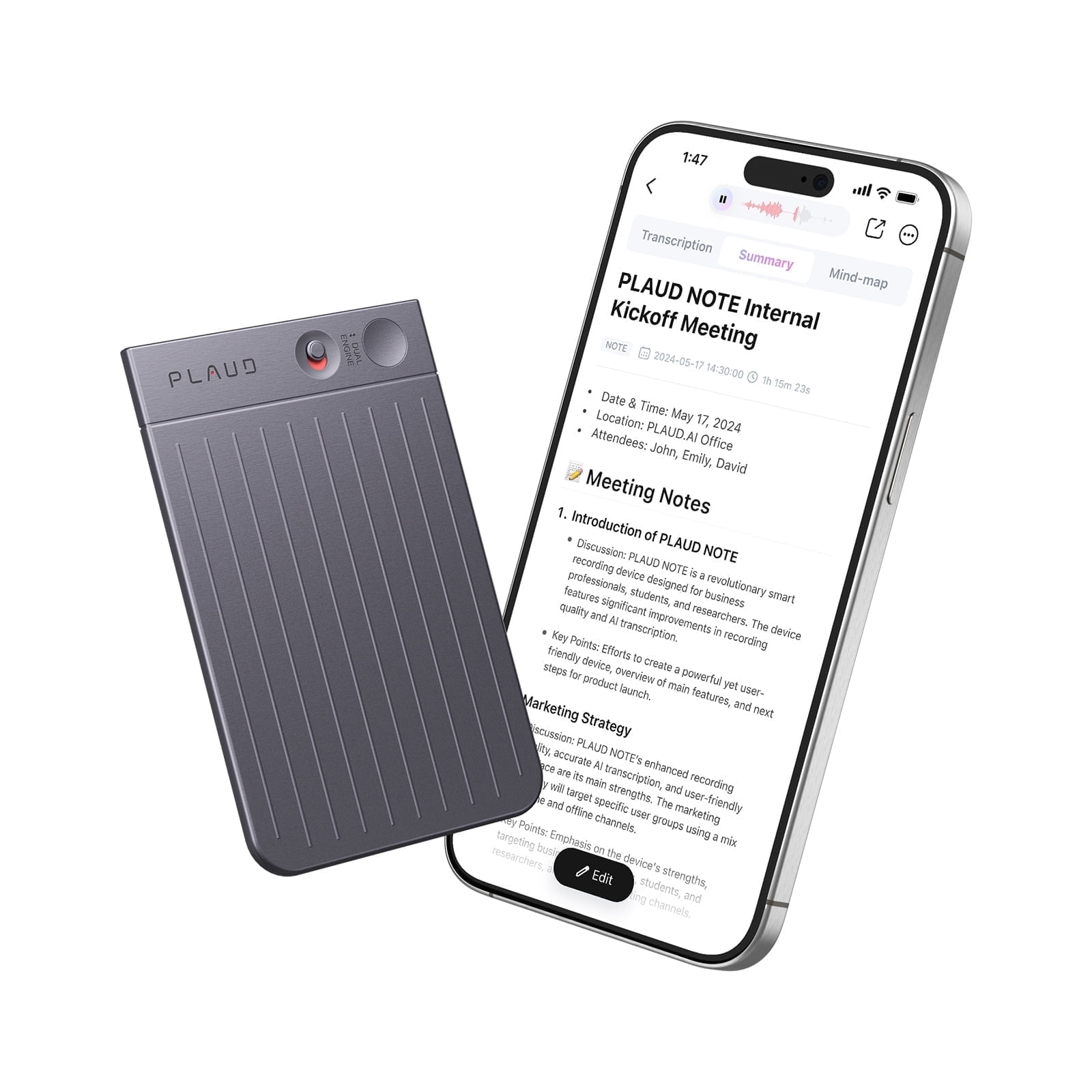 PLAUD NOTE AI Voice Recorder, App Control, Transcribe