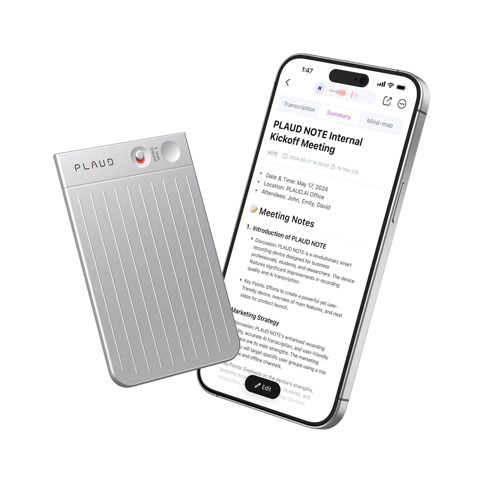 PLAUD NOTE AI Voice Recorder, App Control, Transcribe & Summarize 