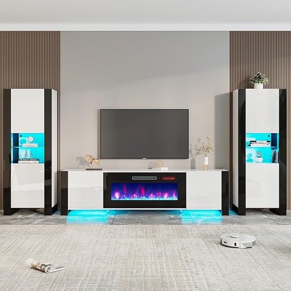 PLAUIN 3-Piece Entertainment Center Set, 80" Fireplace TV Stand with LED Lights, White & Black