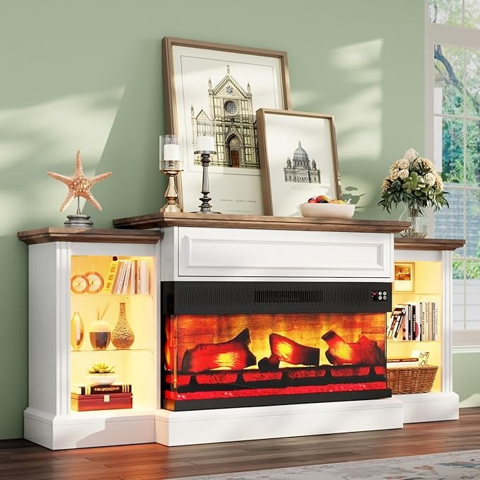 PLAUIN 60" Electric Fireplace with Mantel, Farmhouse TV Stand for TVs up to 65", Distressed White