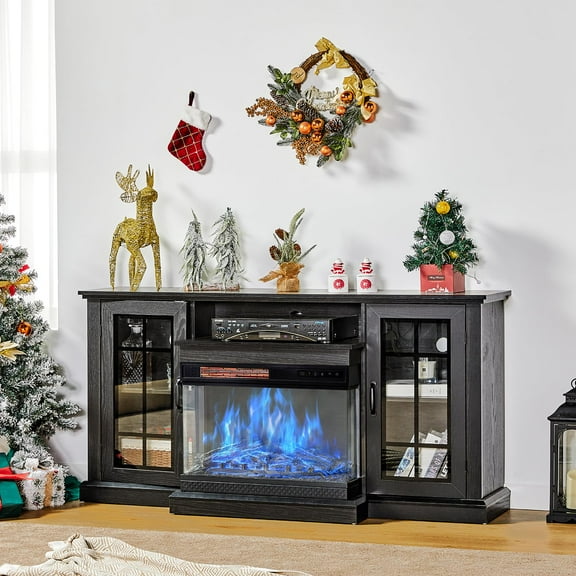 PLAUIN 59" Farmhouse TV Stand with 3-Sided Glass Electric Fireplace, Console Table for TVs up to 65", Black