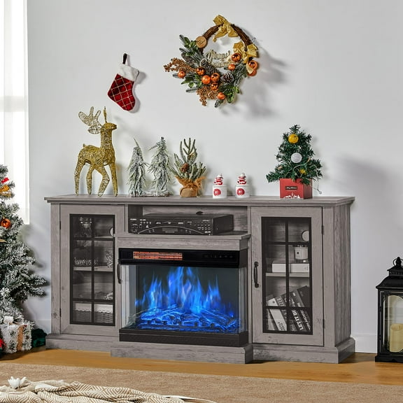 PLAUIN Farmhouse TV Stand with 3-Sided Glass Fireplace, Barnwood Grey