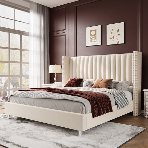 PLAUIN King Size Bed Frame,Upholstered Wingback Headborad Velvet Channel Tufted,Cream