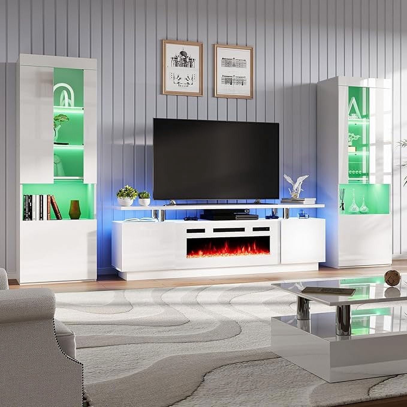 PLAUIN Entertainment Center with Fireplace and Bookcases, 70" TV Stand, 2 Bookshelves, White