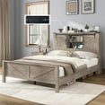 thumbnail image 1 of PLAUIN 44" H farmhouse Full Bed Frame, Rustic Wood Platform with Bookcase Headboard, Grey, 1 of 9