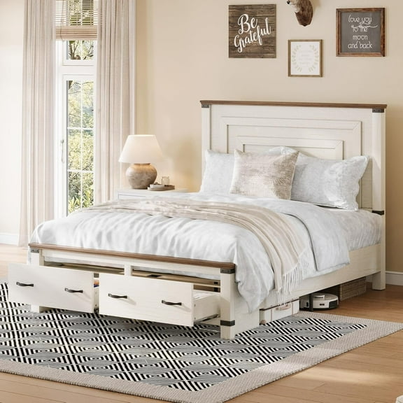 PLAUIN Farmhouse Full Size Bed Frame, Rustic Wood Platform with Footboard & Wood Slats, White