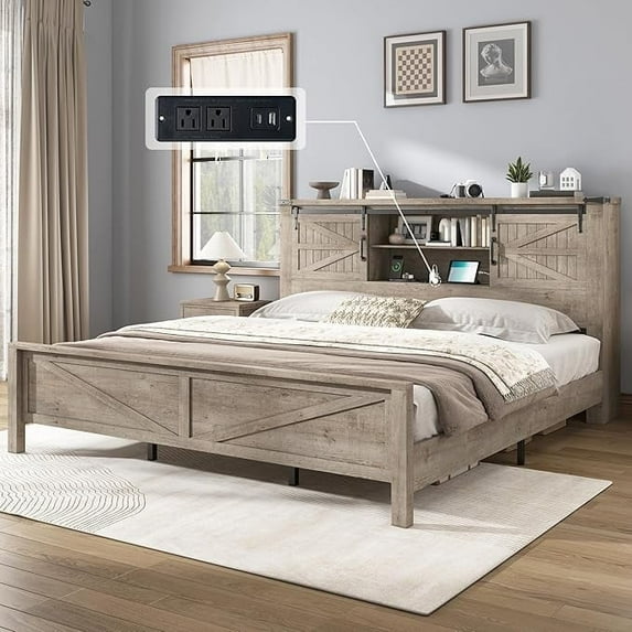 PLAUIN 44" H farmhouse King Bed Frame, Rustic Wood Platform with Bookcase Headboard, Grey