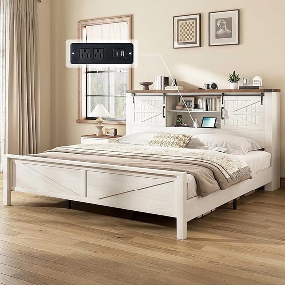 PLAUIN 44" H farmhouse King Bed Frame, Rustic Wood Platform with Bookcase Headboard, White