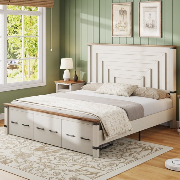 PLAUIN Farmhouse King Size Bed Frame, Rustic Wood Platform with Footboard & Wood Slats, White