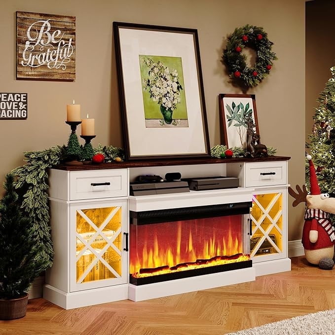 PLAUIN Farmhouse LED Fireplace TV Stand, 3-Sided Glass Fireplace, Large Entertainment Center