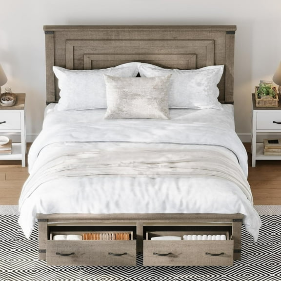 PLAUIN Farmhouse Queen Size Bed Frame, Rustic Wood Platform with Footboard & Wood Slats, Grey