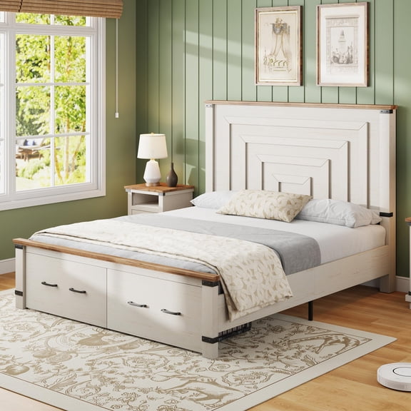 PLAUIN Farmhouse Queen Size Bed Frame, Rustic Wood Platform with Footboard & Wood Slats, White