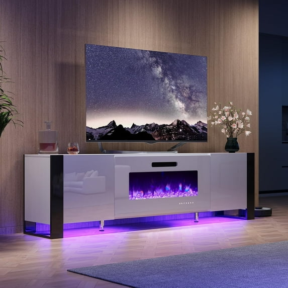 PLAUIN Fireplace TV Stand, 80" Entertainment Center with LED Lights, White