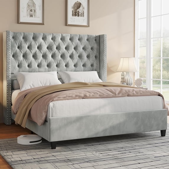 PLAUIN King Bed Frame with Deep Button Tufted and Velvet Wingback Headboard,No Box Spring Needed,Light Gray