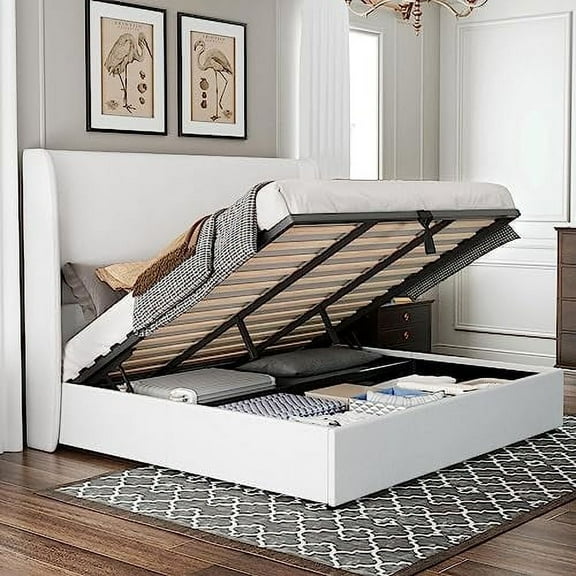 PLAUIN King Bed Frame with Lift up Storage,Linen Platform Bed Frame,No Box Spring,White