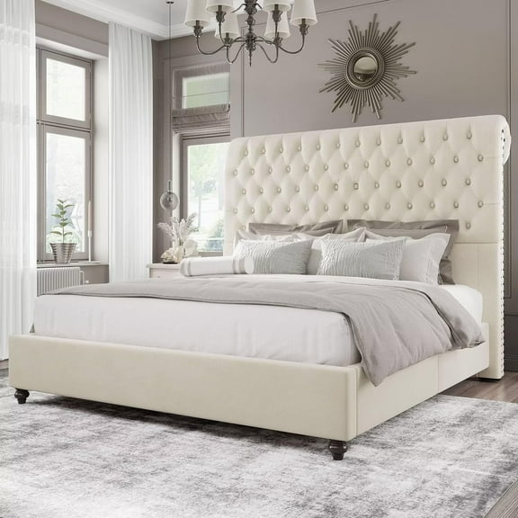 PLAUIN King Bed Frame with Sleigh and Button Tufted Headboard,Velvet Upholstered,Gream