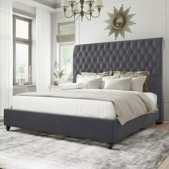 PLAUIN King Bed Frame with Sleigh and Button Tufted Headboard,Velvet Upholstered,Grey