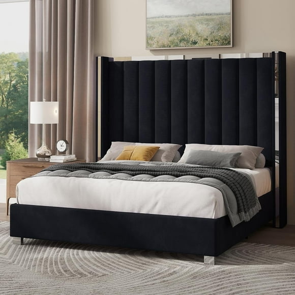 PLAUIN King Size Bed Frame with 58" tall Headboard, Velvet Upholstered Platform bed with Channel Tufted Wingback Headboard and Plating Trim, Black