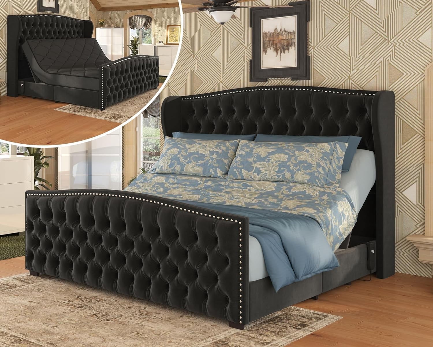 PLAUIN King Size Bed Frame, Deep Button Tufted Wingback with Nailhead ...