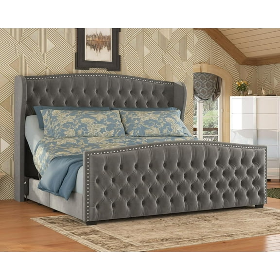 PLAUIN King Size Bed Frame, Deep Button Tufted Wingback with Nailhead Trim & Adjustable Base, Grey