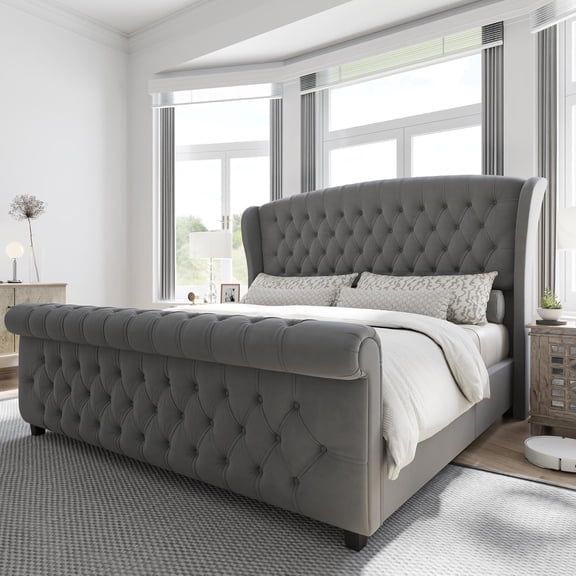 PLAUIN King Size Bed Frame with Scroll Wingback Headboard, Chenille Upholstery and Footboard, Grey
