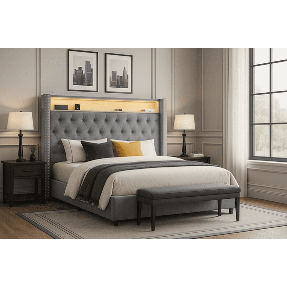 PLAUIN LED King Bed Frame,Charging Station and Storage Upholstered Headboard/Velvet/Gray
