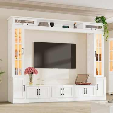 PLAUIN Large Entertainment Center, 98" Wooden TV Stand with Bookshelves, LED Lights, White