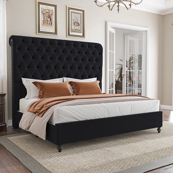 PLAUIN Queen Bed Frame with 59.1" Sleigh Headboard,Velvet Upholstered,Black