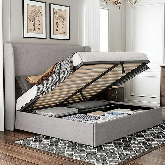 PLAUIN Queen Bed Frame with Lift up Storage,Linen Platform Bed Frame,No Box Spring,Light Grey
