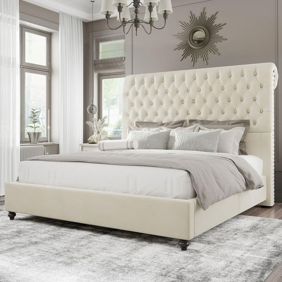 PLAUIN Queen Bed Frame with Sleigh and Button Tufted Headboard,Velvet Upholstered,Gream