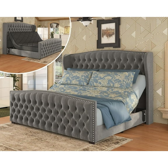 PLAUIN Queen Size Bed Frame, Deep Button Tufted Wingback with Nailhead Trim & Adjustable Base, Grey