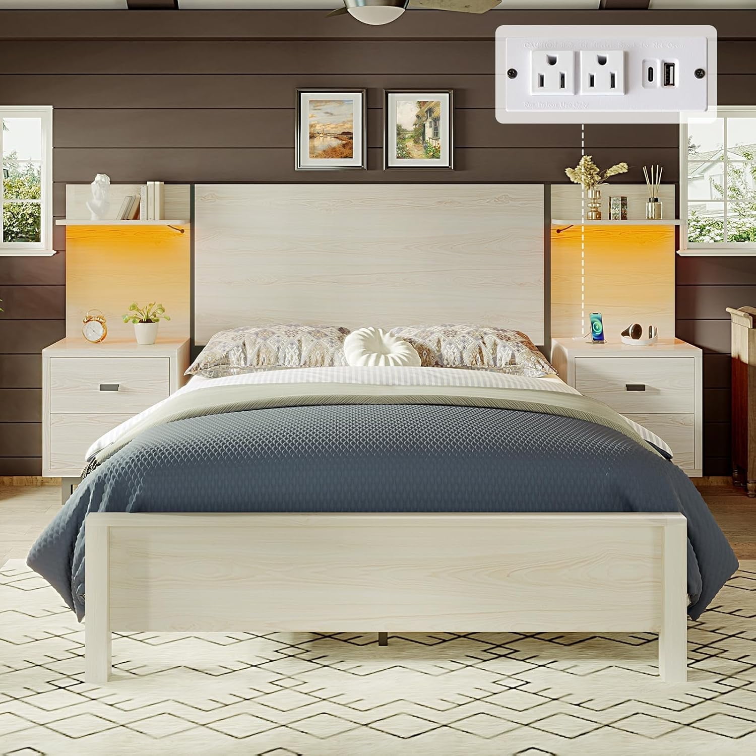 Queen Size Rack PLAUIN Queen Size Bed Frame, Wooden Platform with Charging Station ...