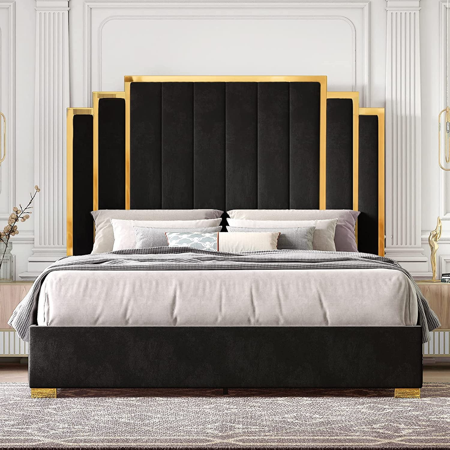 PLAUIN Upholstered King Bed Frame with 61" Headboard, Golden Plating Trim, Black