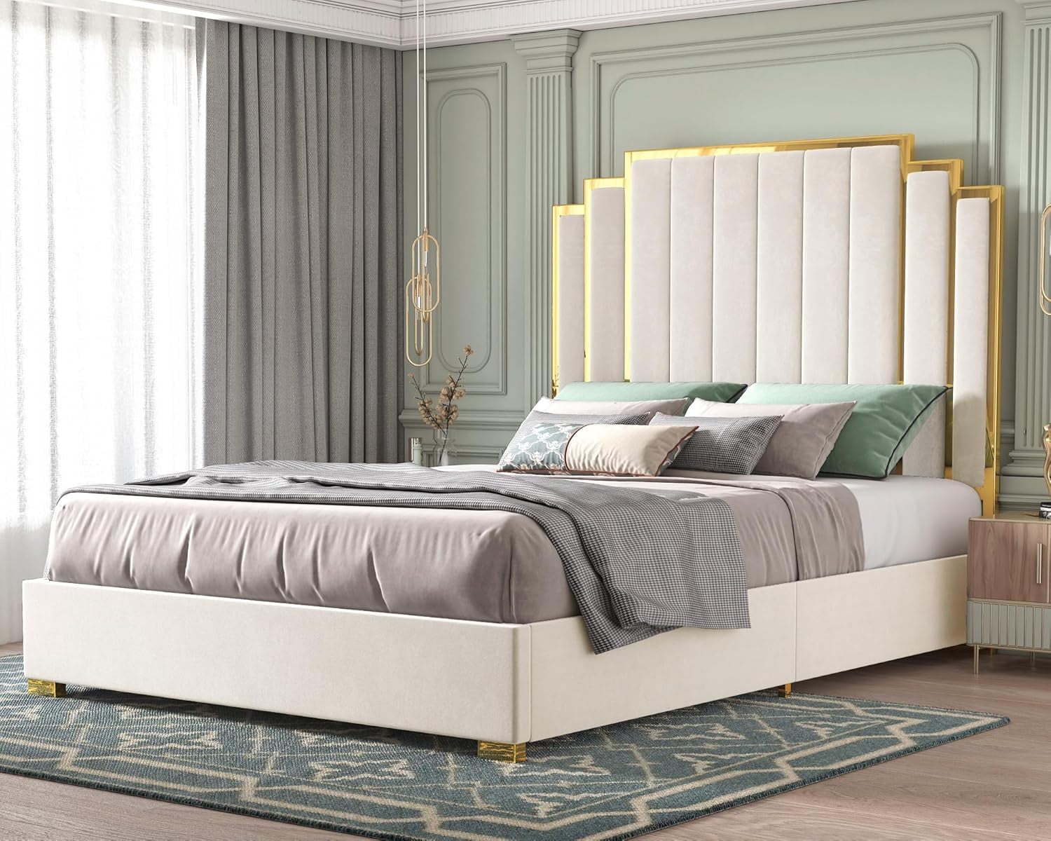 PLAUIN Upholstered King Bed Frame with 61" Headboard, Golden Plating Trim, Cream