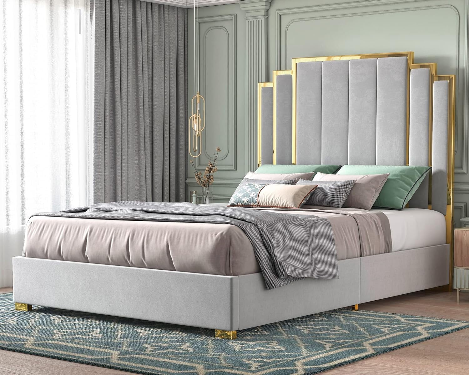 PLAUIN Upholstered Queen Bed Frame with 61" Headboard, Golden Plating Trim, Light Grey