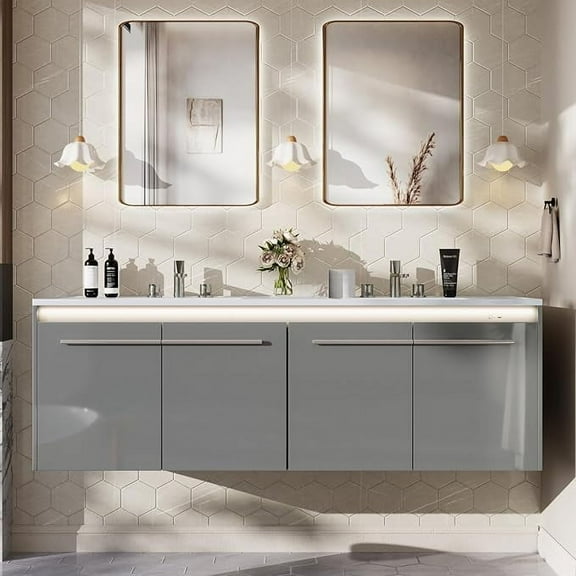PLAUIN 60" LED Floating Bathroom Double Vanity with Sink Combo, Modern High Gloss Wall Mounted Bathroom Storage Cabinet with 3 Hole Sink, Grey